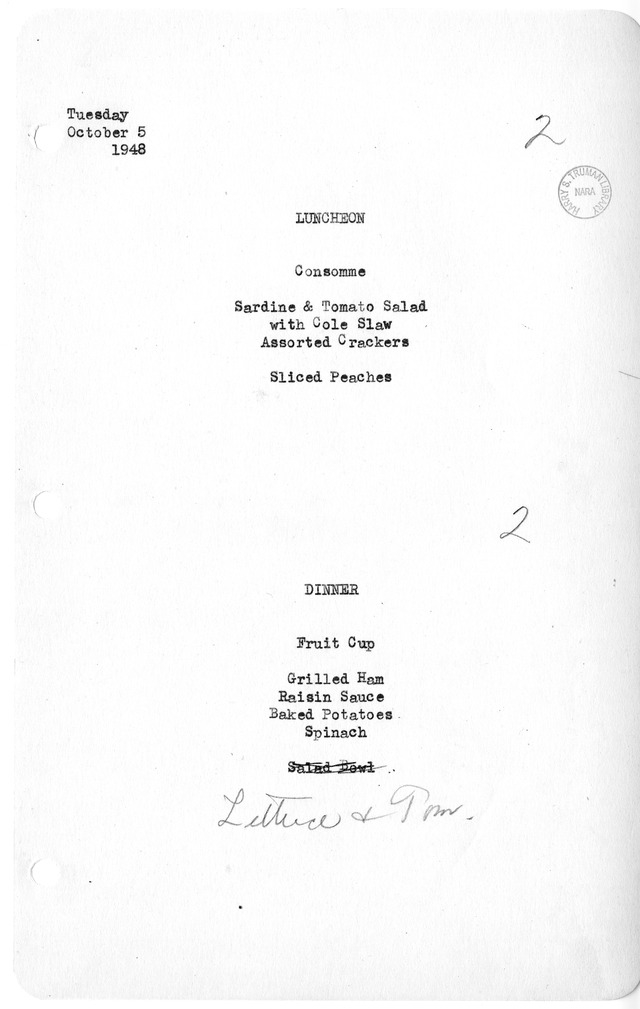 White House Luncheon and Dinner Menu