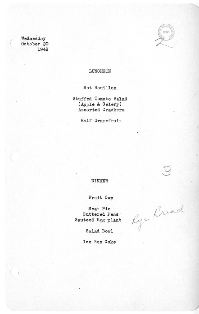 White House Luncheon and Dinner Menu