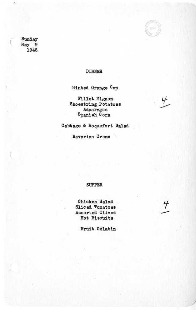 White House Dinner and Supper Menu