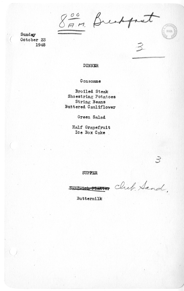 White House Dinner and Supper Menu