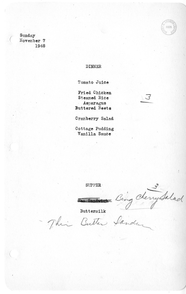 White House Dinner and Supper Menu