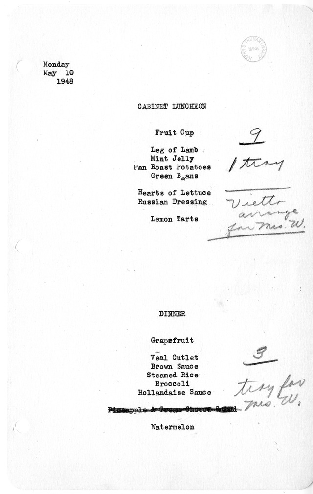 White House Luncheon and Dinner Menu