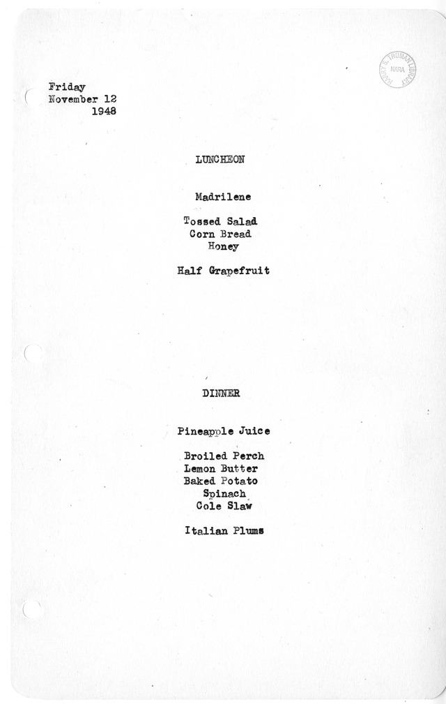 White House Luncheon and Dinner Menu