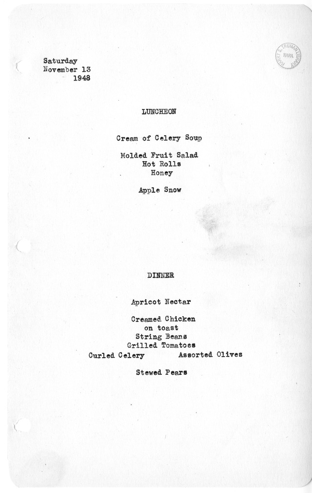 White House Luncheon and Dinner Menu