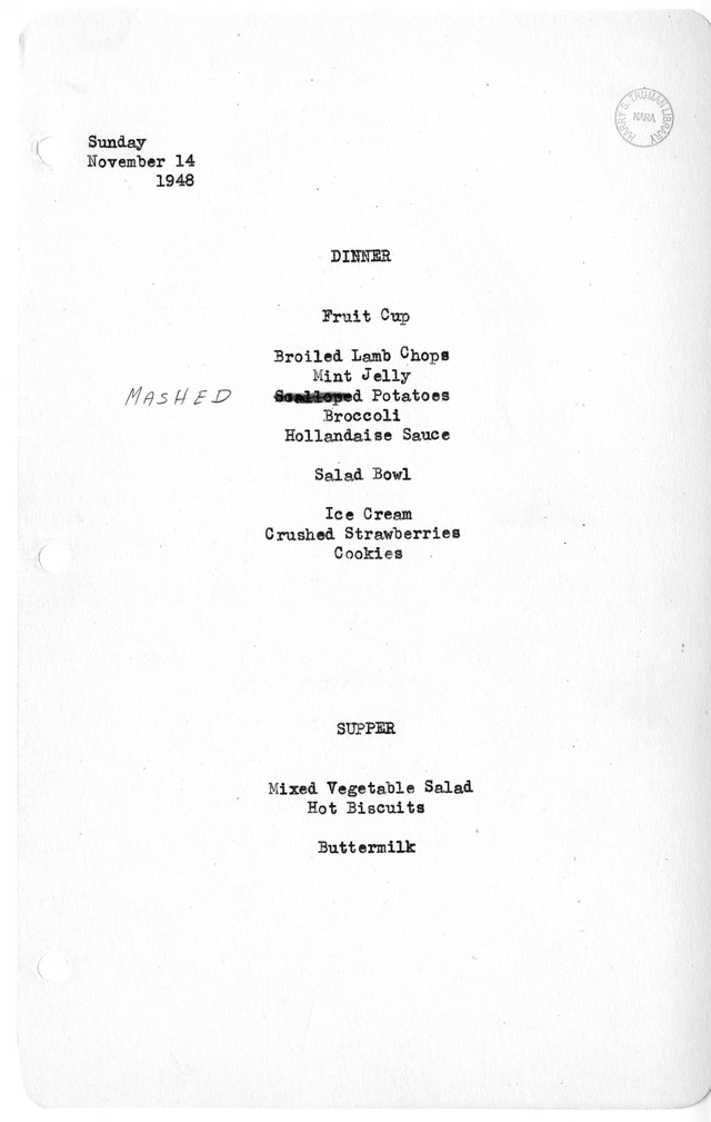 White House Dinner and Supper Menu
