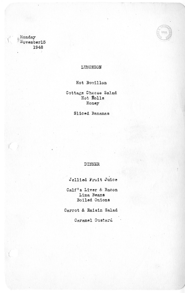 White House Luncheon and Dinner Menu
