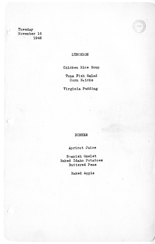 White House Luncheon and Dinner Menu