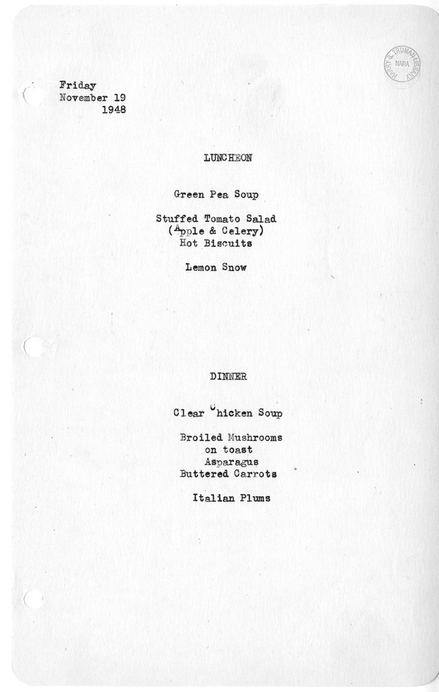White House Luncheon and Dinner Menu