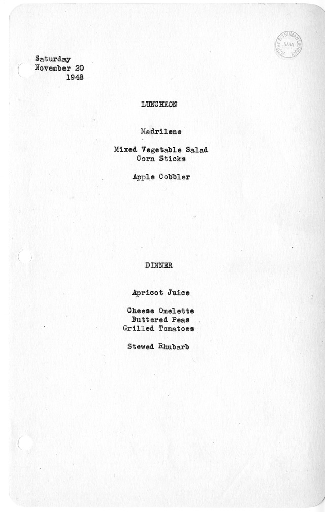 White House Luncheon and Dinner Menu