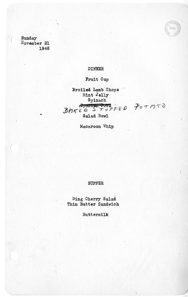 White House Dinner and Supper Menu