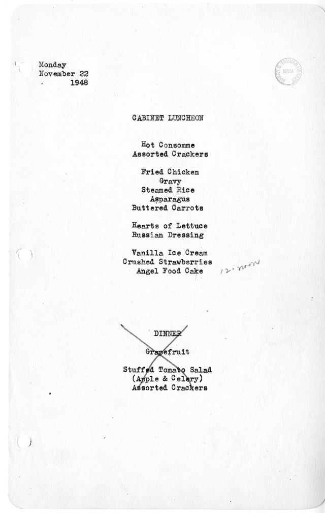 White House Luncheon and Dinner Menu