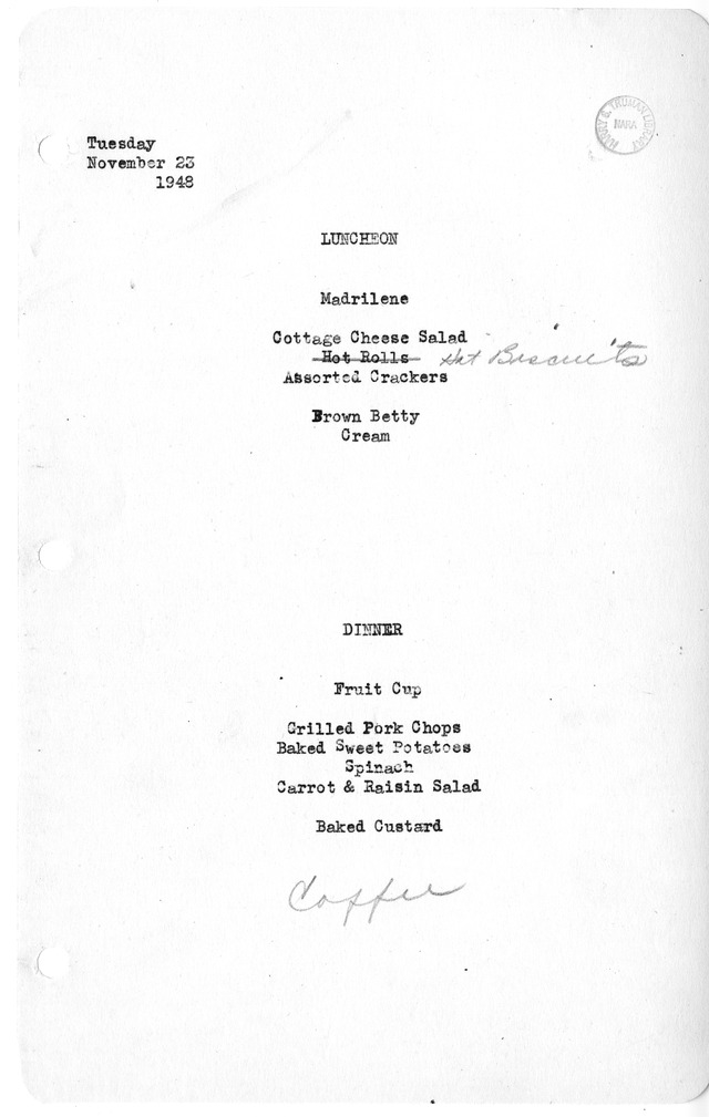 White House Luncheon and Dinner Menu