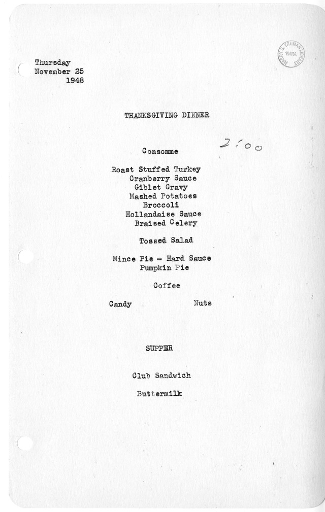 White House Dinner and Supper Menu Thanksgiving Dinner