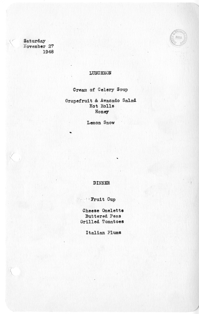 White House Luncheon and Dinner Menu