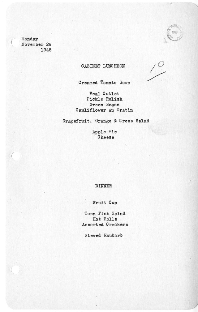 White House Luncheon and Dinner Menu