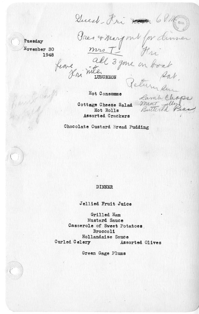 White House Luncheon and Dinner Menu
