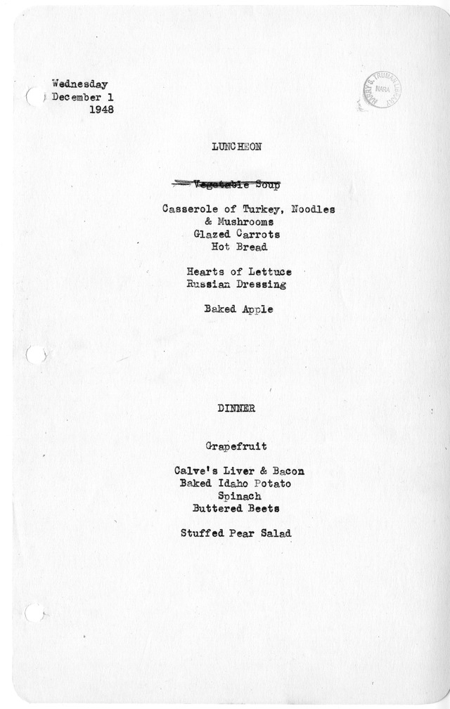 White House Luncheon and Dinner Menu