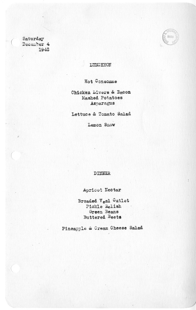 White House Luncheon and Dinner Menu