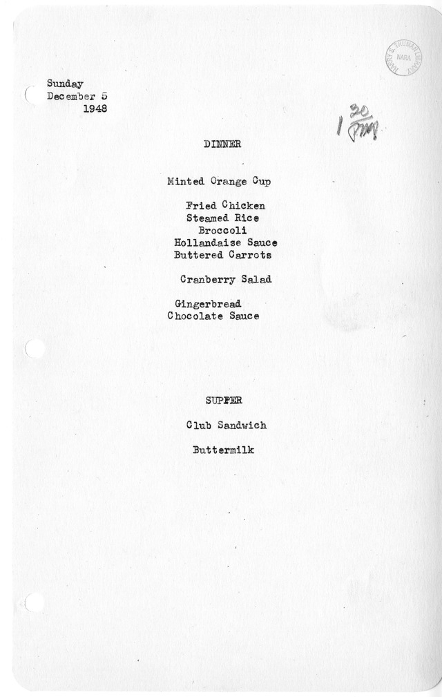 White House Dinner and Supper Menu