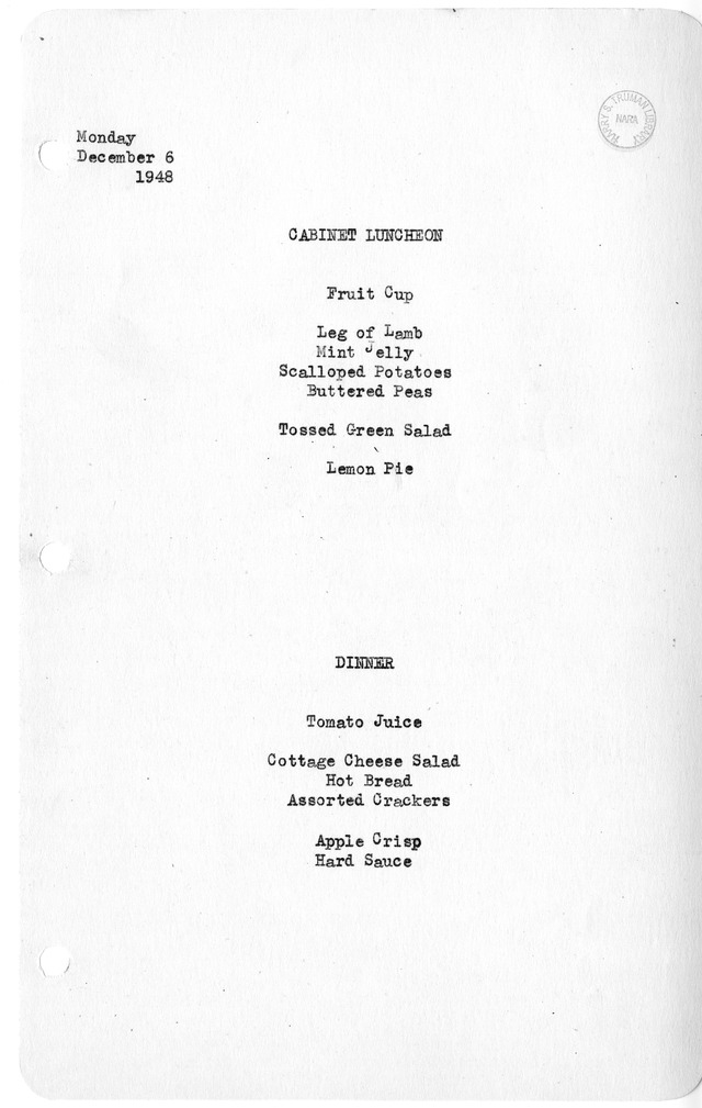 White House Luncheon and Dinner Menu