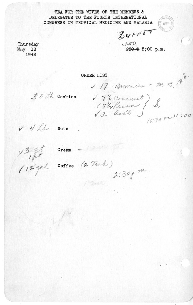 Shopping List for Tea for the Wives of the Members and Delegates to the Fourth International Congress on Tropical Medicine and Malaria