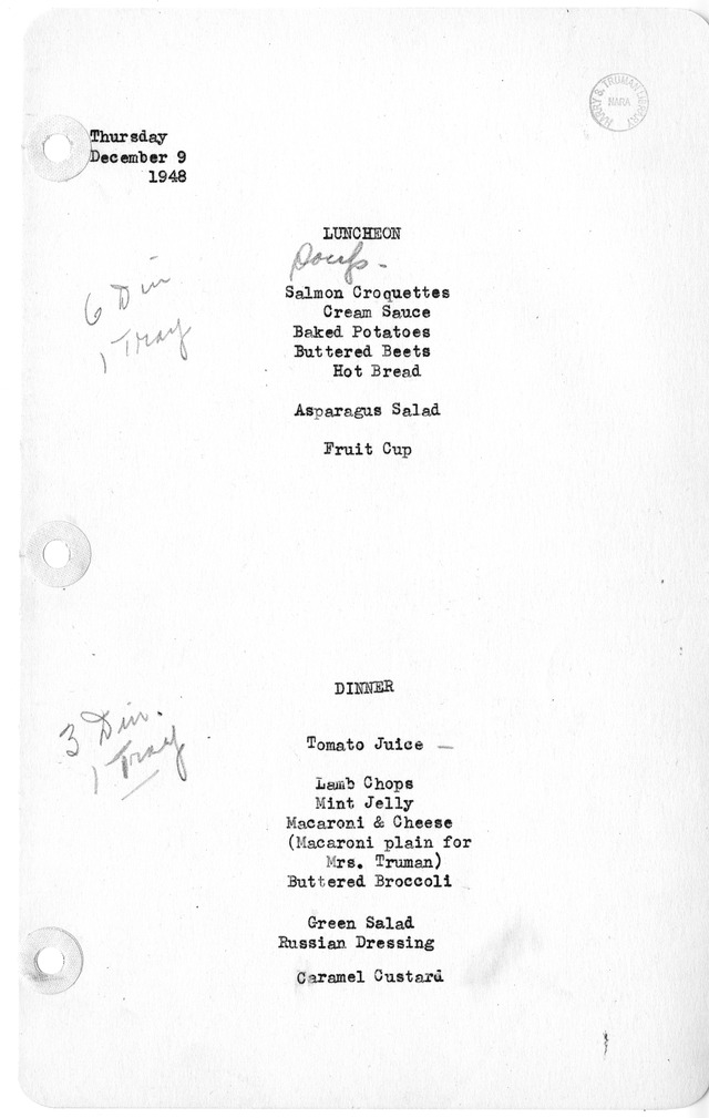 White House Luncheon and Dinner Menu