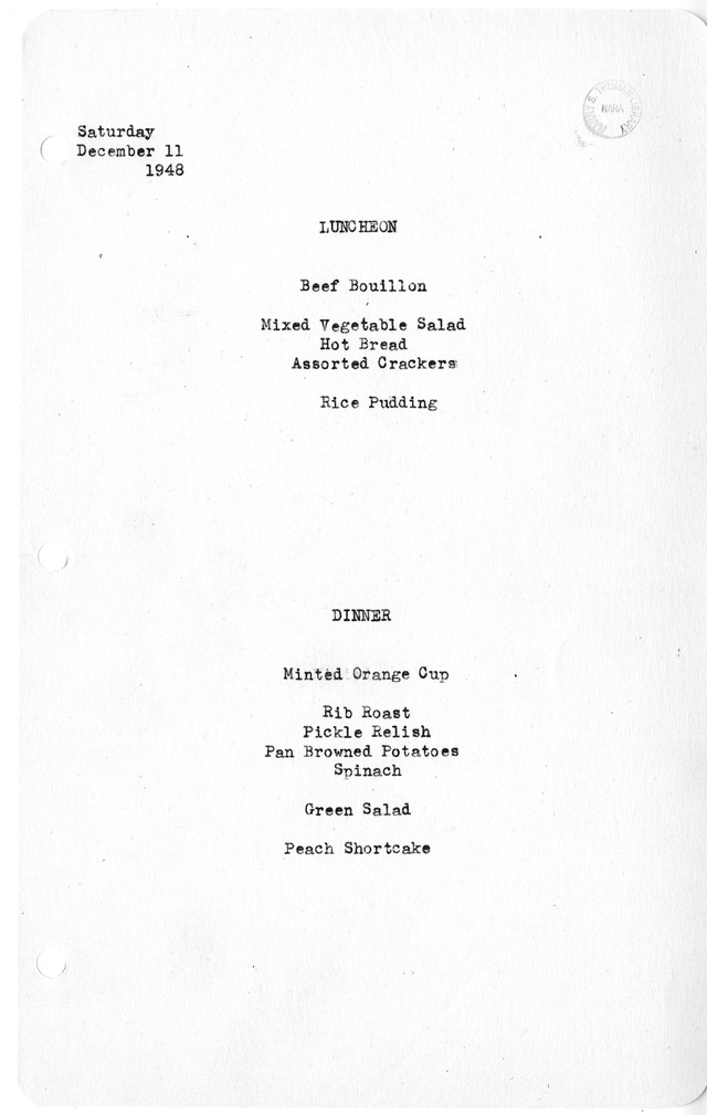 White House Luncheon and Dinner Menu