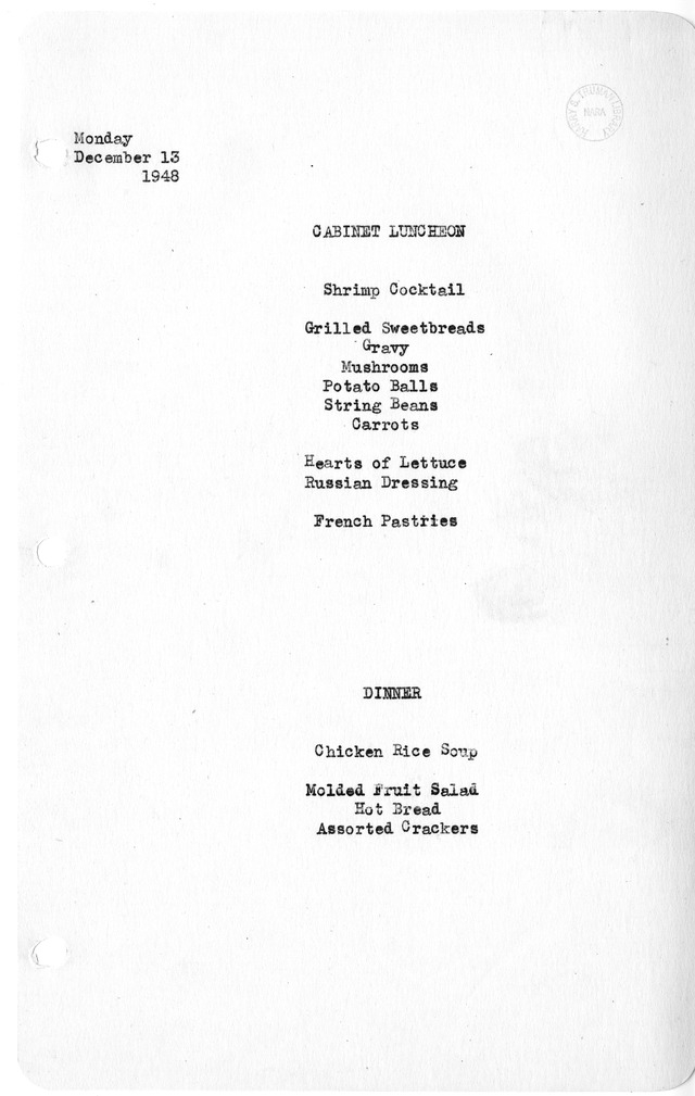 White House Luncheon and Dinner Menu