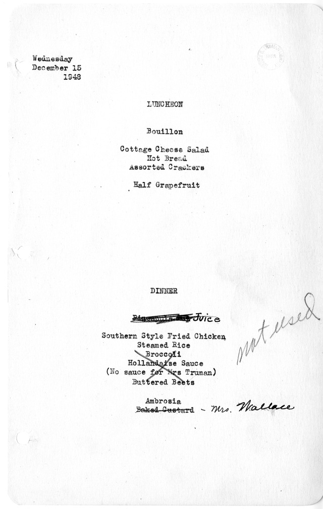 White House Luncheon and Dinner Menu