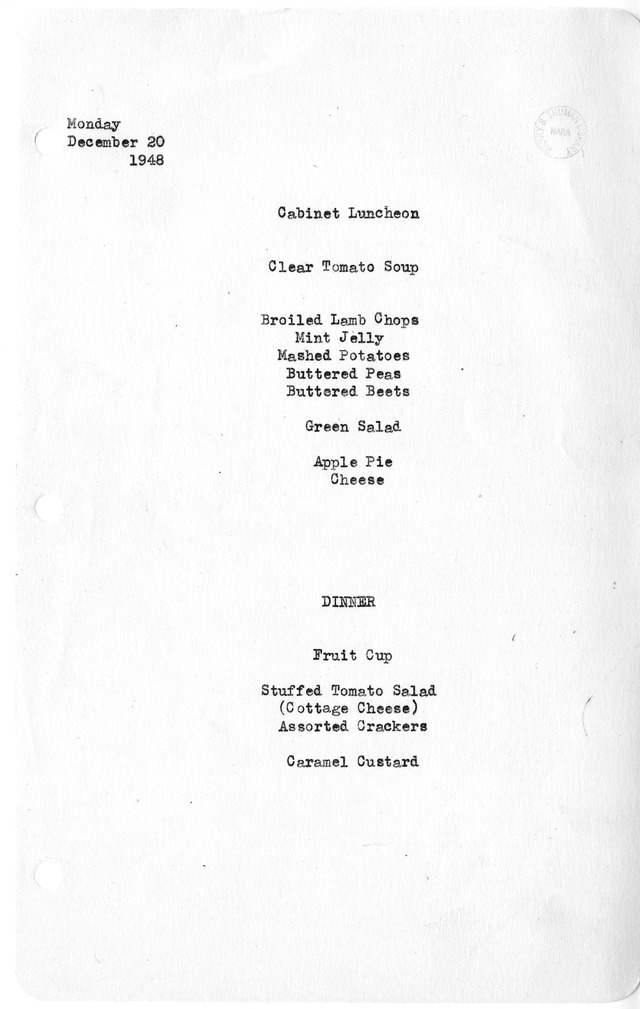 White House Luncheon and Dinner Menu