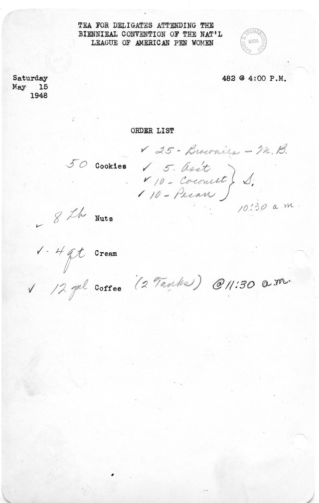 Shopping List for Tea for Delegates Attending the Biennial Convention of the National League of American Pen Women