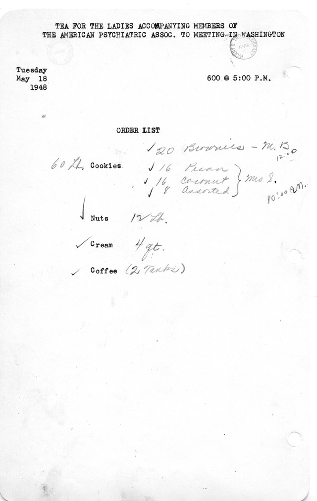Shopping List for Tea for the Ladies Accompanying Members of the American Psychiatric Association to Meeting in Washington