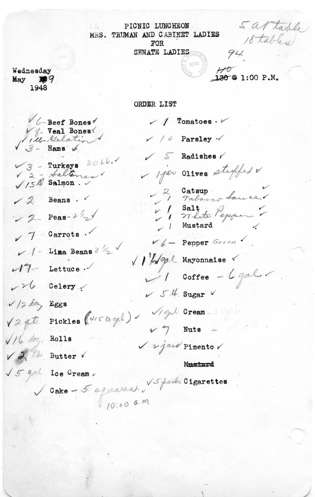 Shopping List for Picnic Luncheon Hosted by First Lady Bess W. Truman and Cabinet Ladies for Senate Ladies