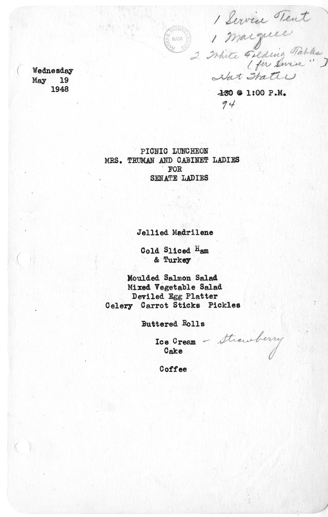 Picnic Luncheon Hosted by First Lady Bess W. Truman and Cabinet Ladies for Senate Ladies