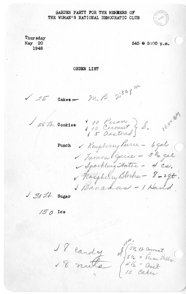 Shopping List for Garden Party for the Members of the Woman's National Democratic Club