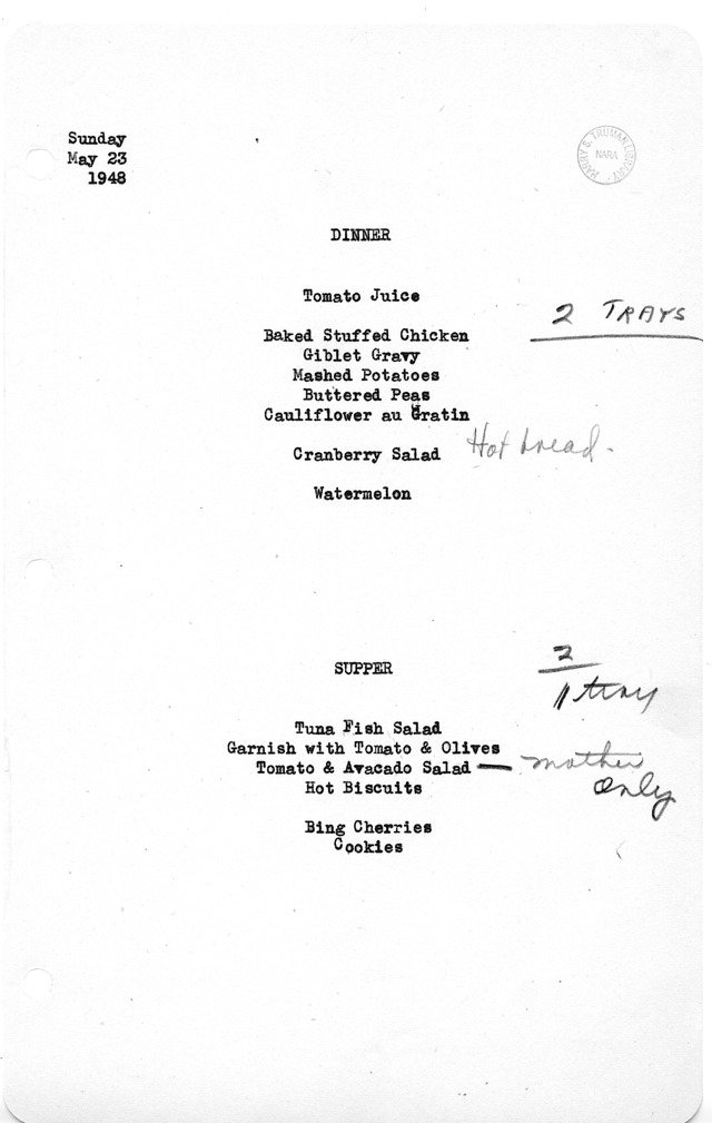 White House Dinner and Supper Menu