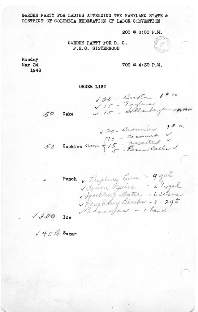 Shopping List for Garden Party for Ladies Attending the Maryland State & District of Columbia Federation of Labor Convention - and - Garden Party for D.C. P.E.O. Sisterhood
