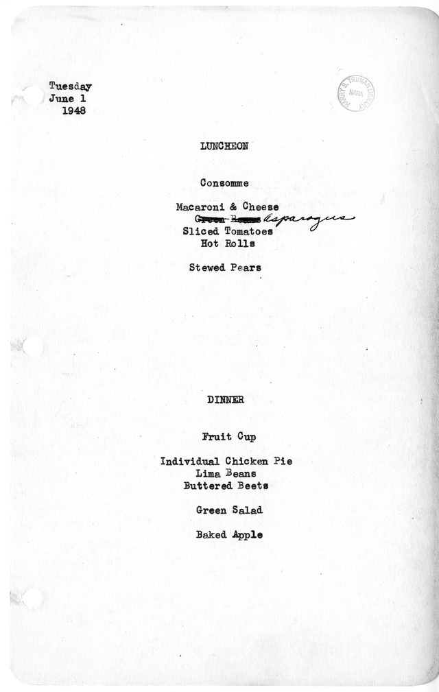 White House Luncheon and Dinner Menu