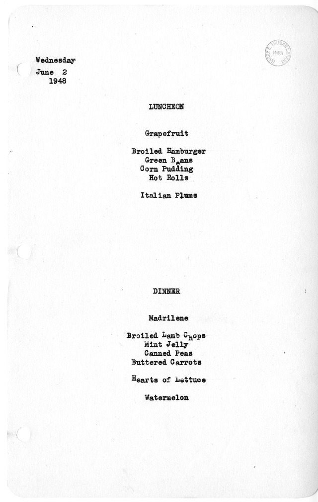 White House Luncheon and Dinner Menu