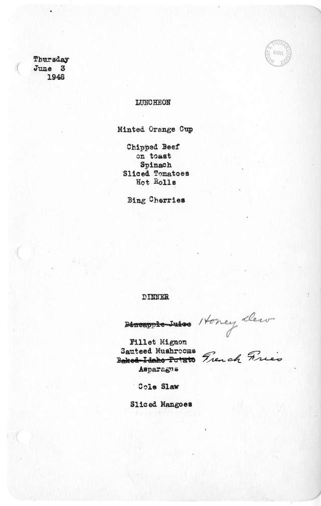 White House Luncheon and Dinner Menu