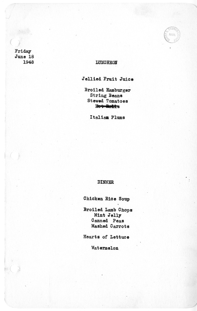 White House Luncheon and Dinner Menu