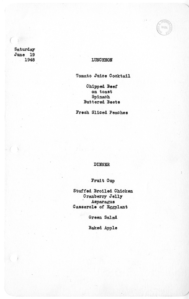 White House Luncheon and Dinner Menu