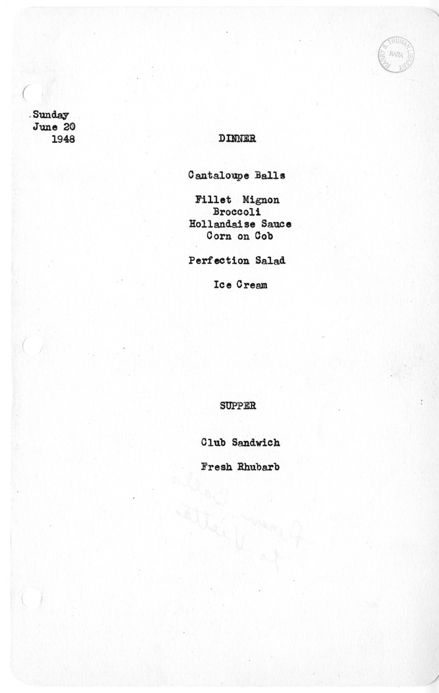 White House Dinner and Supper Menu