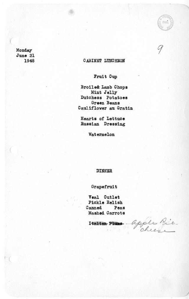 White House Luncheon and Dinner Menu