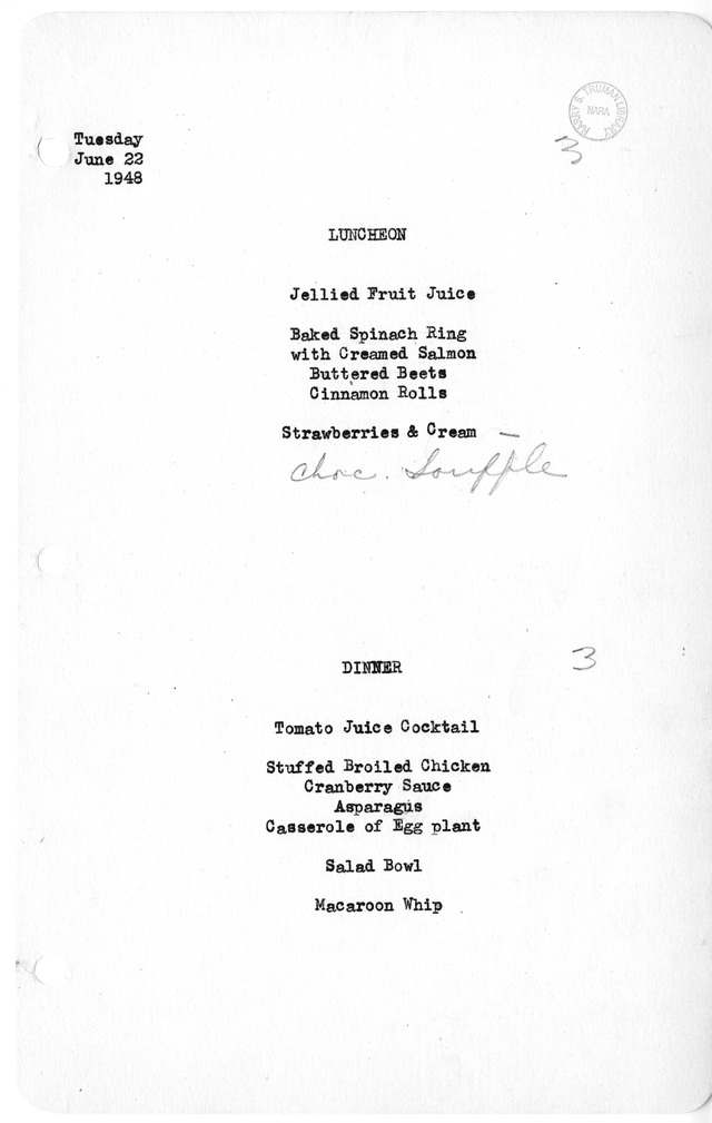 White House Luncheon and Dinner Menu