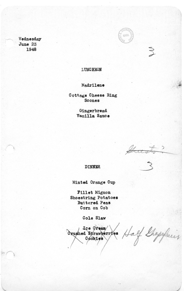 White House Luncheon and Dinner Menu