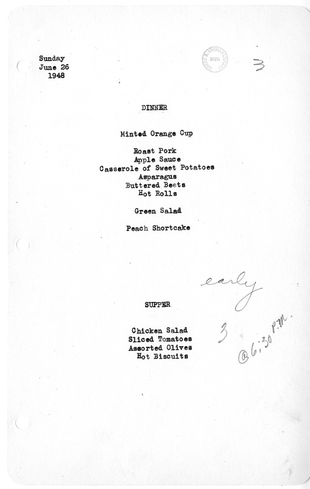 White House Dinner and Supper Menu