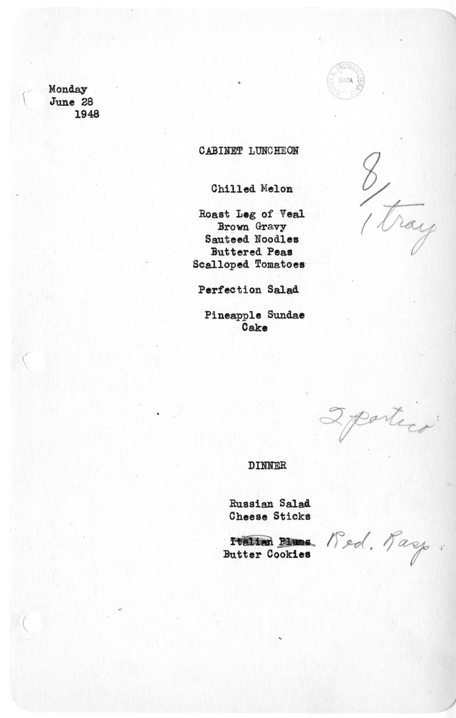 White House Luncheon and Dinner Menu