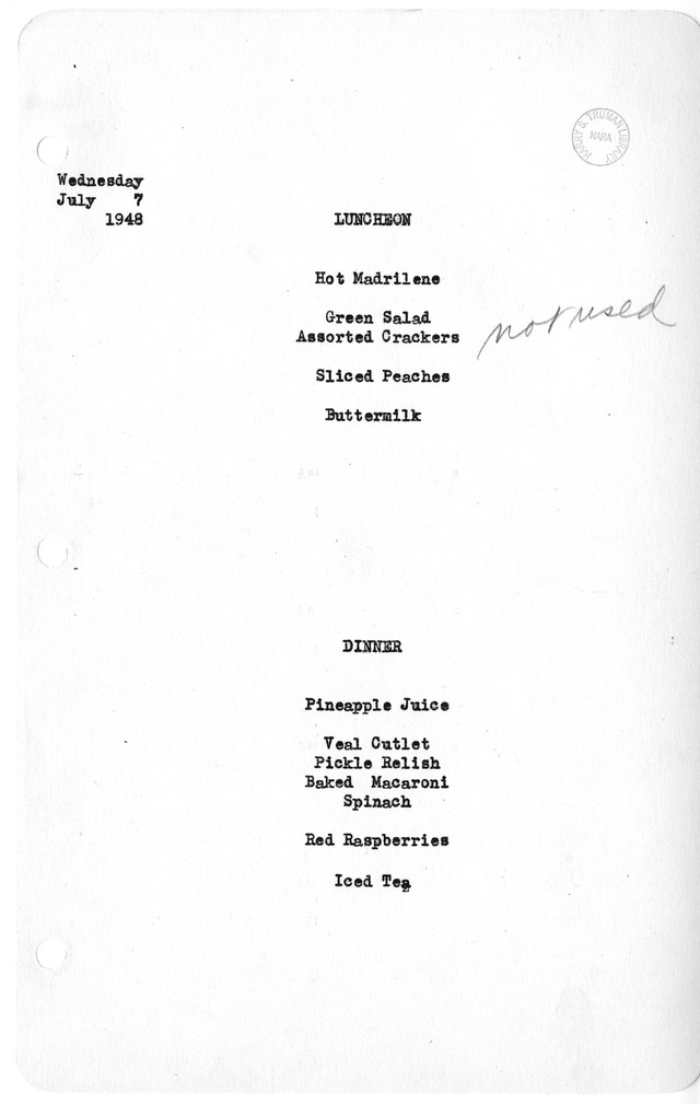 White House Luncheon and Dinner Menu