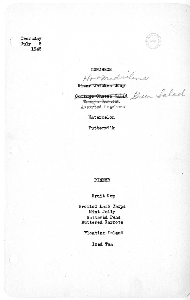 White House Luncheon and Dinner Menu